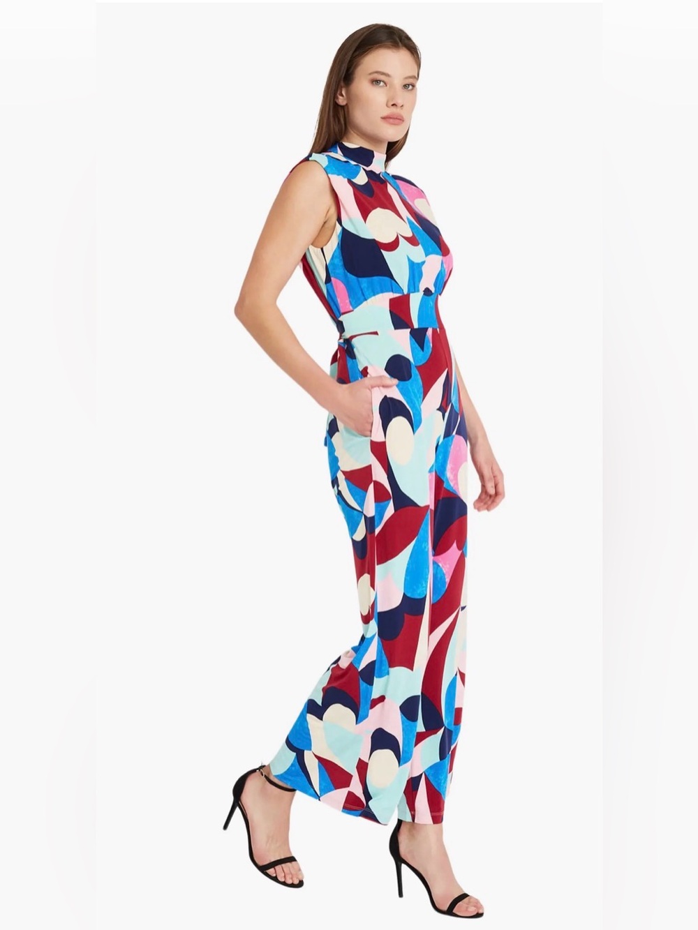 Donna Morgan Sleeveless Jumpsuit in Blue, Red, Pink and White Abstract Print